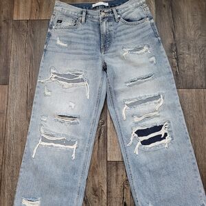 KanCan Distressed Light Blue Women's Wide Leg Crop Jeans. 100 Percent Cotton